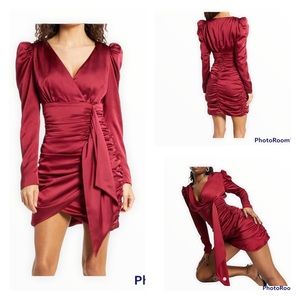 NWT LAVISH ALICE Red Satin Long Sleeve V Neck Ruched Mini Dress Size 14 Cocktail